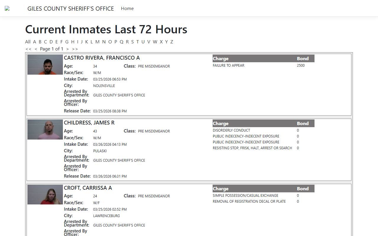 Giles County 72-hour inmate list showing recent bookings