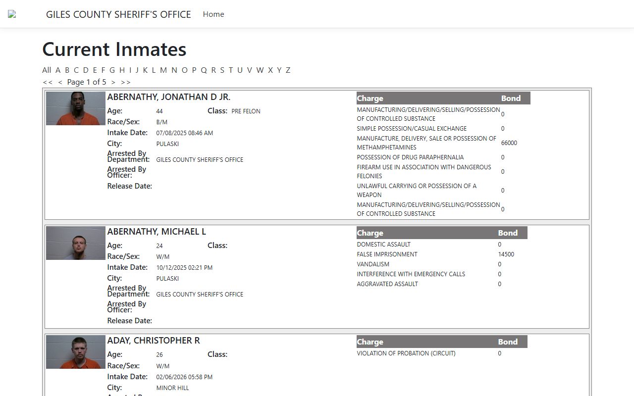 Giles County busted mugshots ISOMS portal showing current inmates