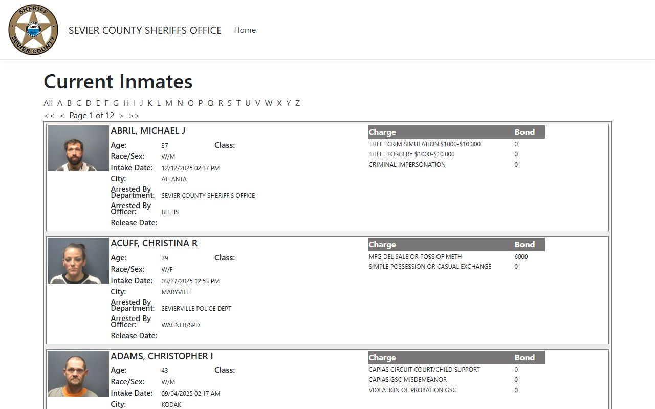 Sevier County ISOMS portal showing busted mugshots and jail booking data